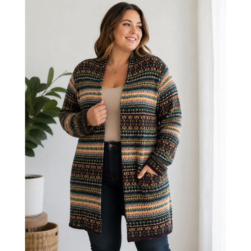 RuffHewn Fair Isle Open Front Cardigan Sweater Wool Blend Multicolor Plus 1X